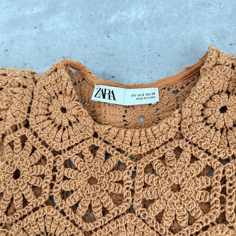 Zara crochet knit top puffy sleeves burnt orange/brown color Womens size small - Picture 2 of 7